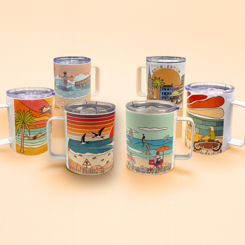 Folly Beach and Charleston stainless steel travel mugs